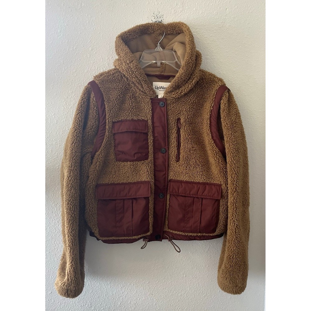 UpWest Womens Jacket Size L Sherpa Teddy Full Zip Pockets Hooded Brown Cropped